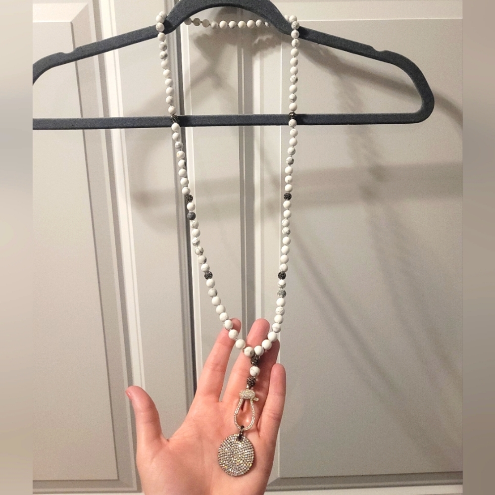 Long Beaded Necklace with Carabiner and Pave Pendant